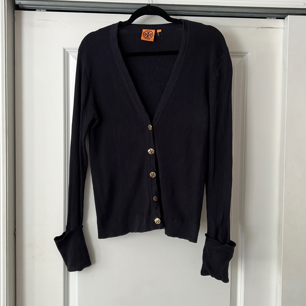 Tory Burch XL ribbed navy cardigan